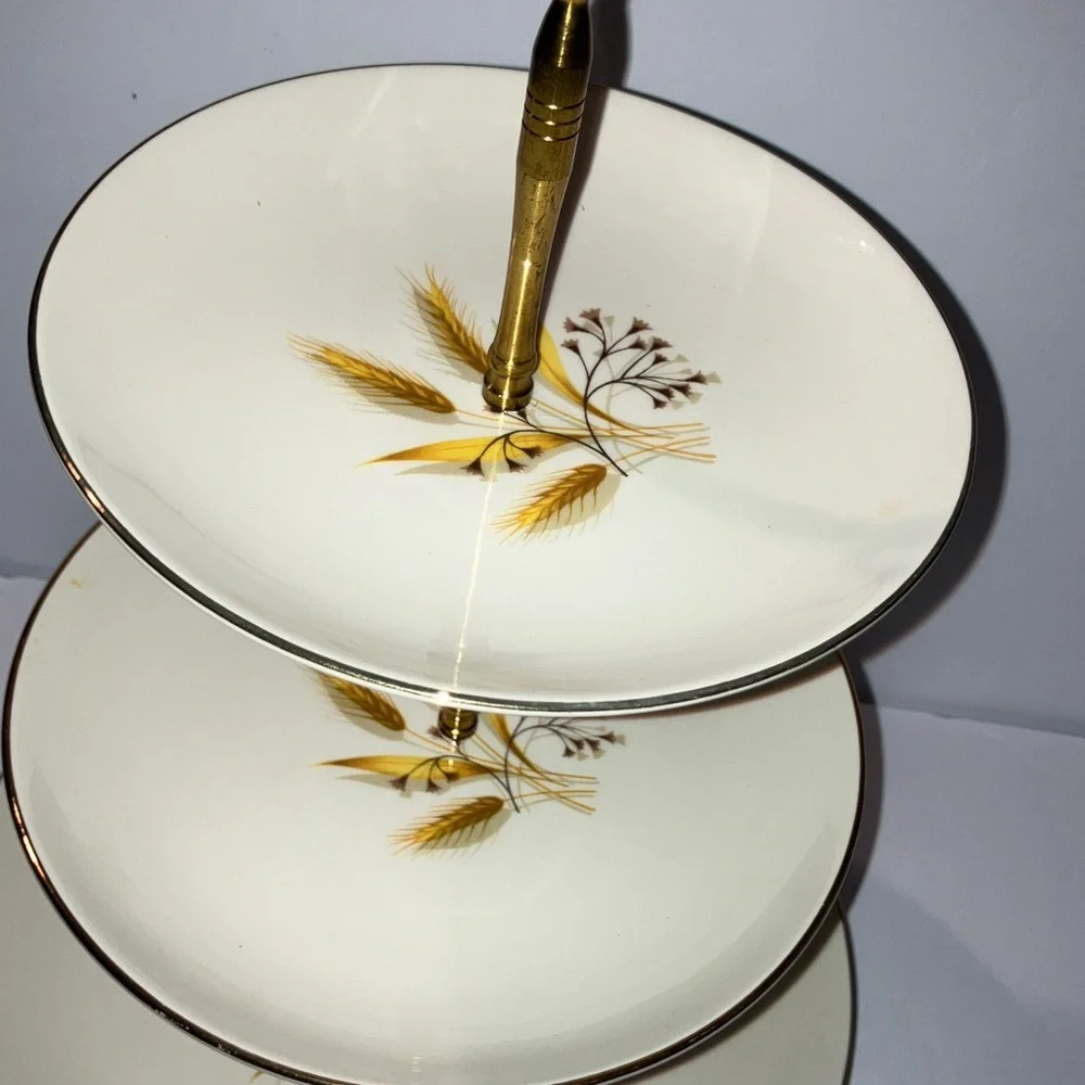 Vintage Golden Wheat Three-Tiered Serving Stand 14”Tall‎ Gold Trim Brass Handle